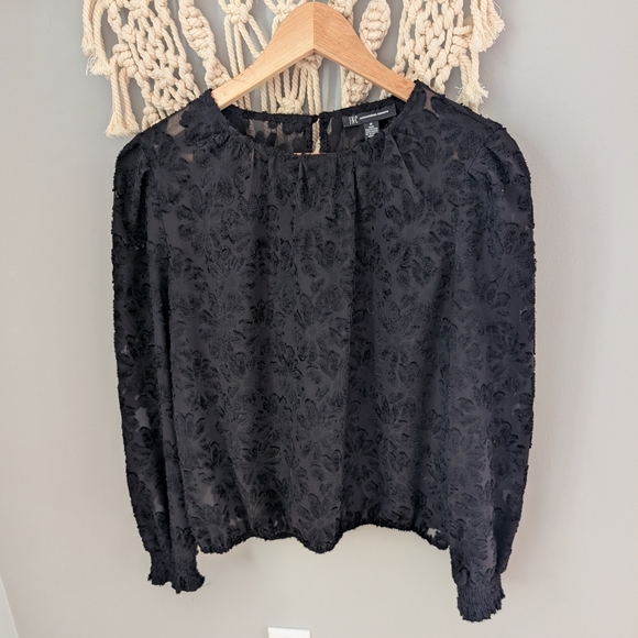 INC International Concepts Black Textured Blouse Floral Sheer Medium - Picture 1 of 7